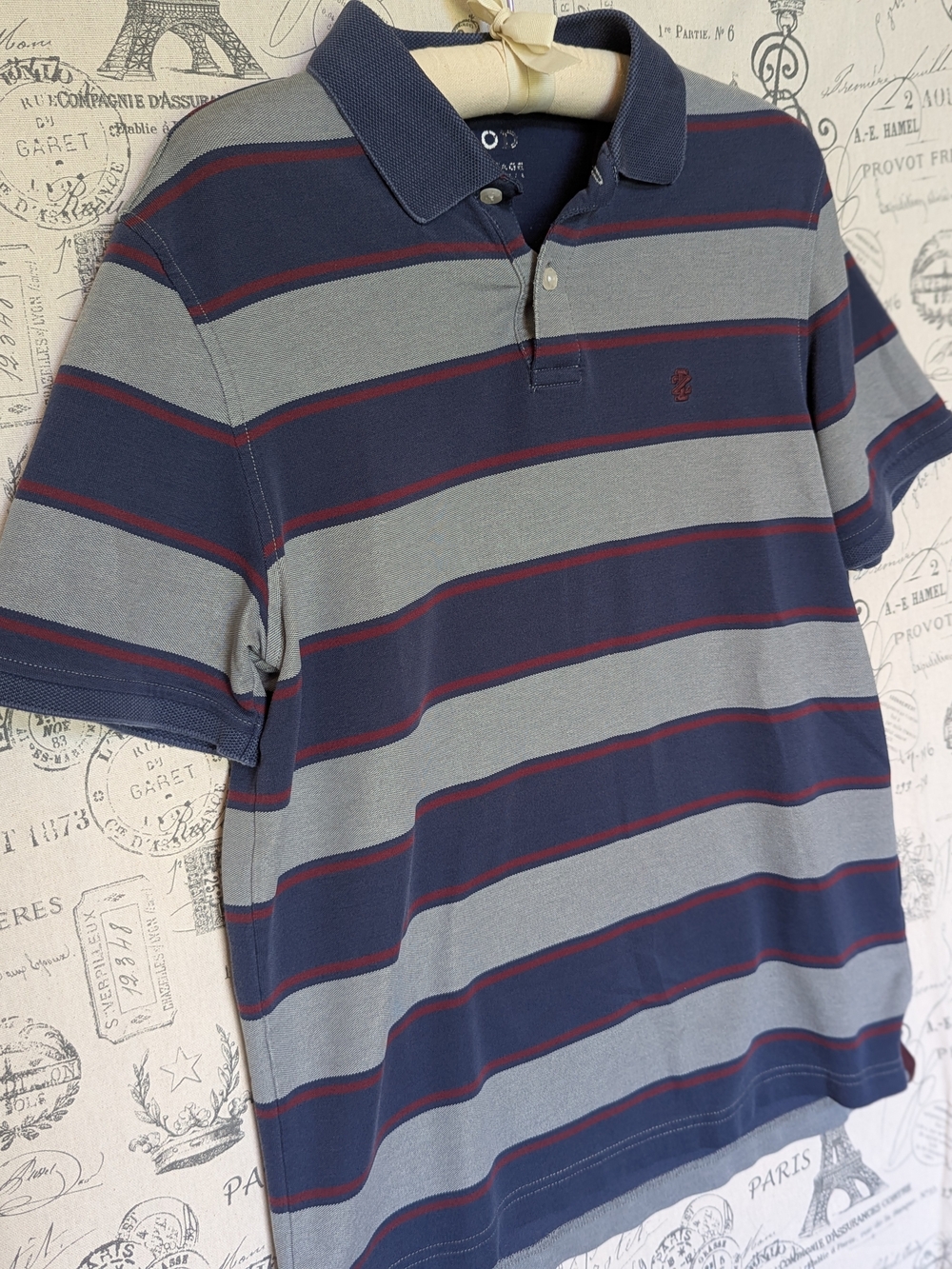 Izod Navy and Gray Striped Polo with Burgundy Accent